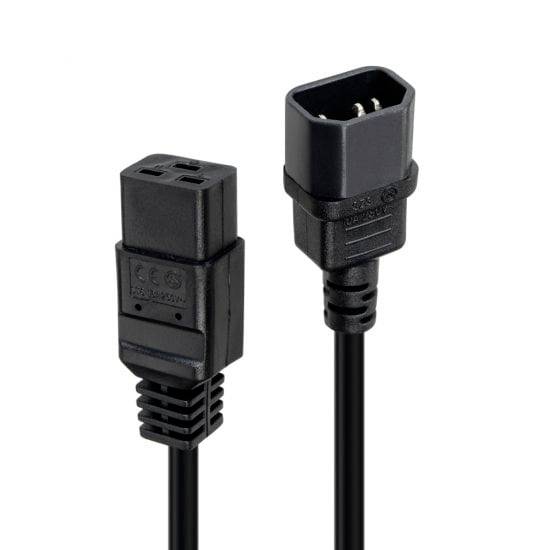Schwarzes Computerstromkabel mit weiblichem IEC-C13-Anschluss und passendem Stecker, gezeigt auf weißem Hintergrund.
