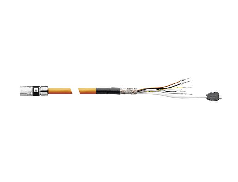 Querschnitt eines orangefarbenen Lichtwellenleiterkabels, das den Stecker, die Schutzschichten und die freigelegten internen Drähte am abgezogenen Ende zeigt.