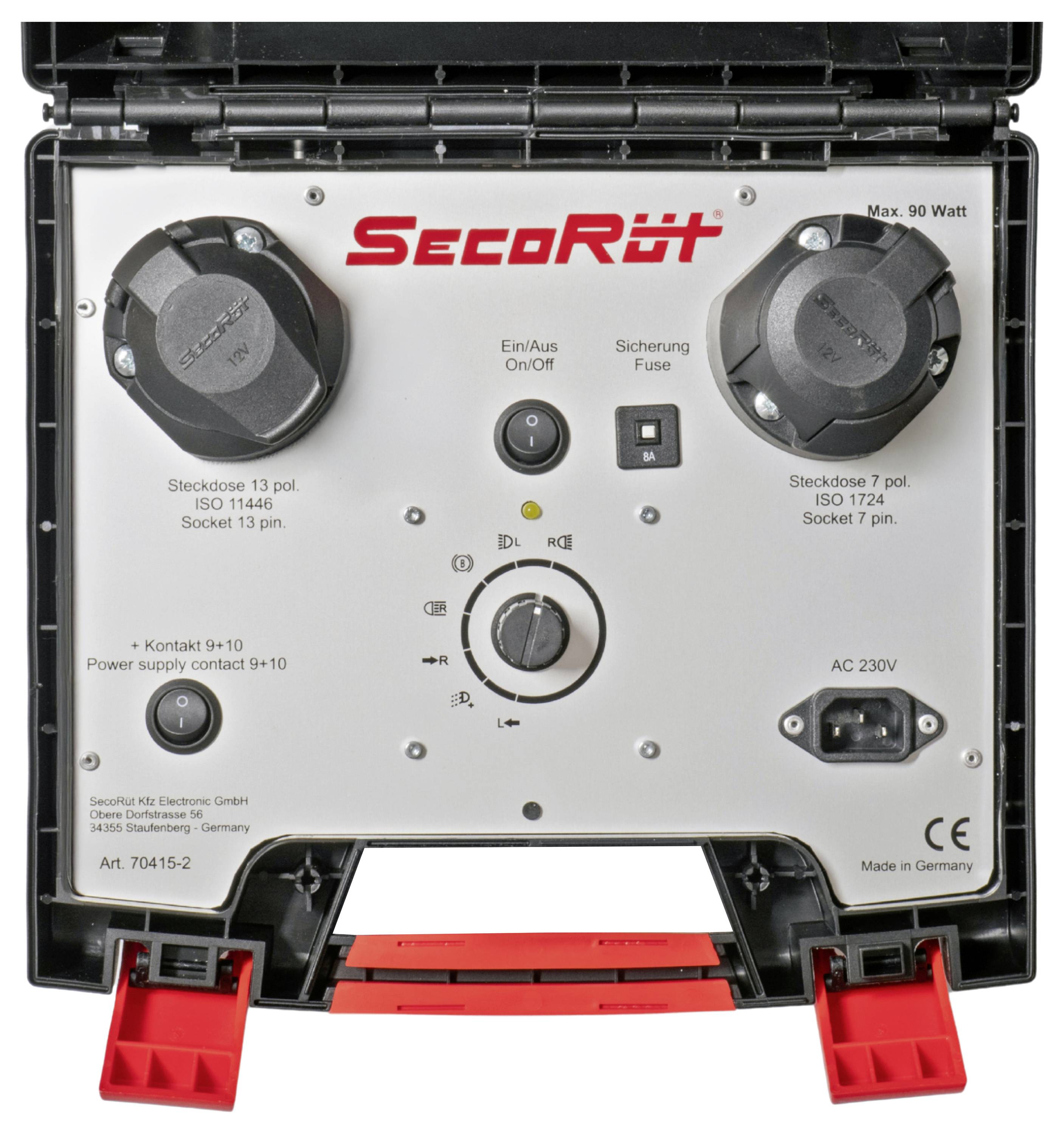 Tragbares SecoRüt-Stromverteilpanel mit zwei Ausgangssteckdosen, Ein-/Ausschalter, Sicherung, AC 230V-Eingang und Statusregelrad.