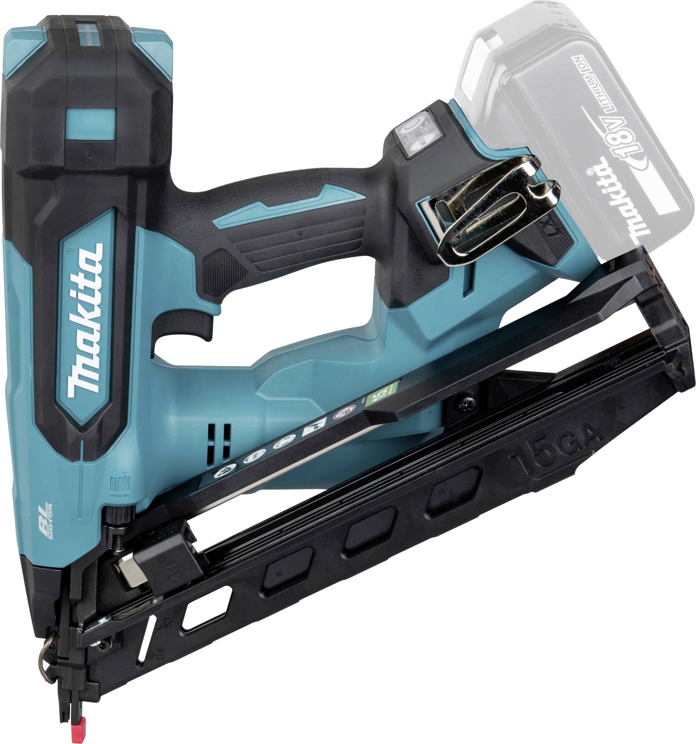 Makita Akku-Brad-Nailer mit Akku-Pack, in der Seitenansicht auf weißem Hintergrund dargestellt.