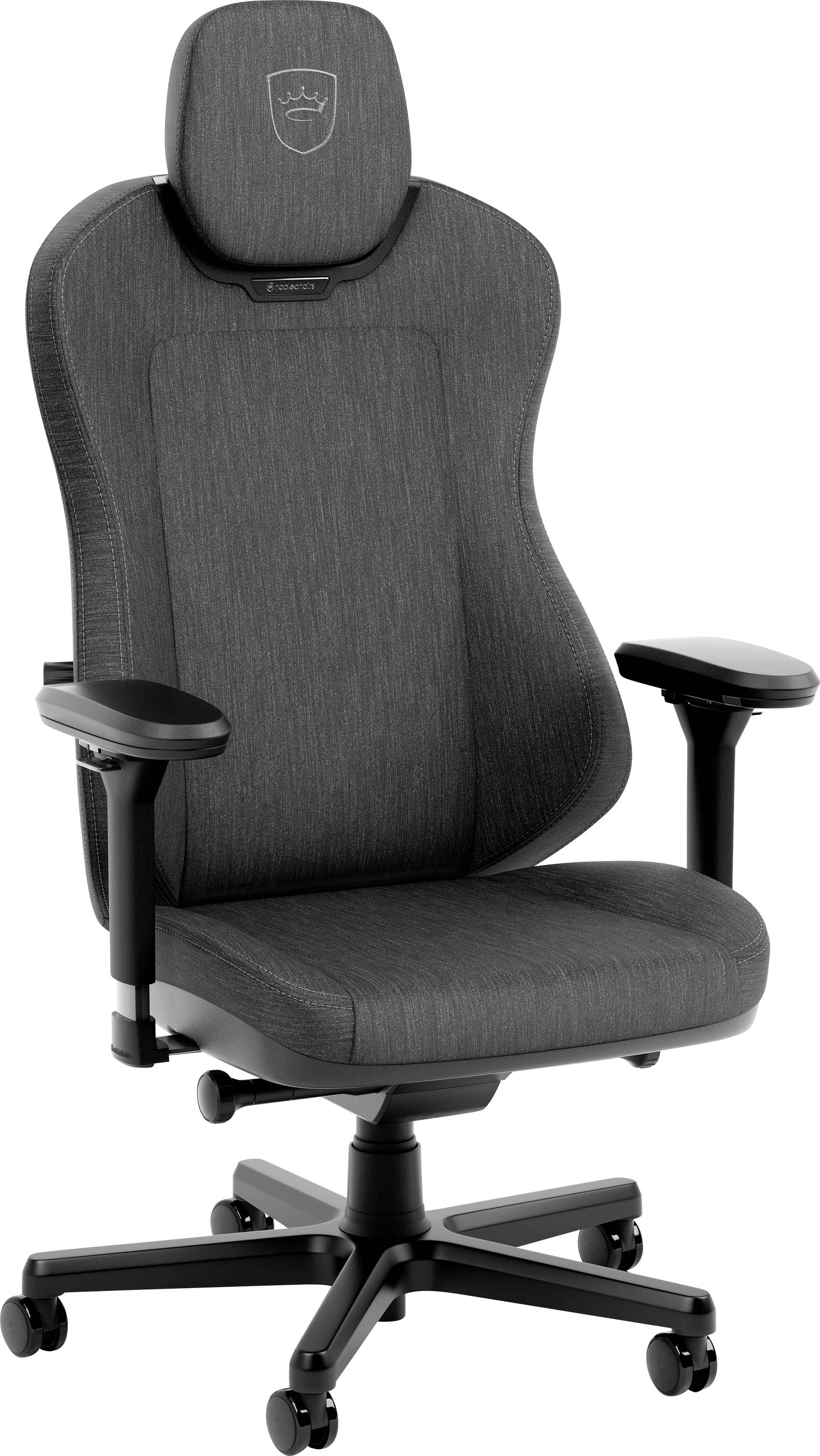 Grauer ergonomischer Bürostuhl mit hoher Rückenlehne, verstellbaren Armlehnen und Rollensockel auf weißem Hintergrund