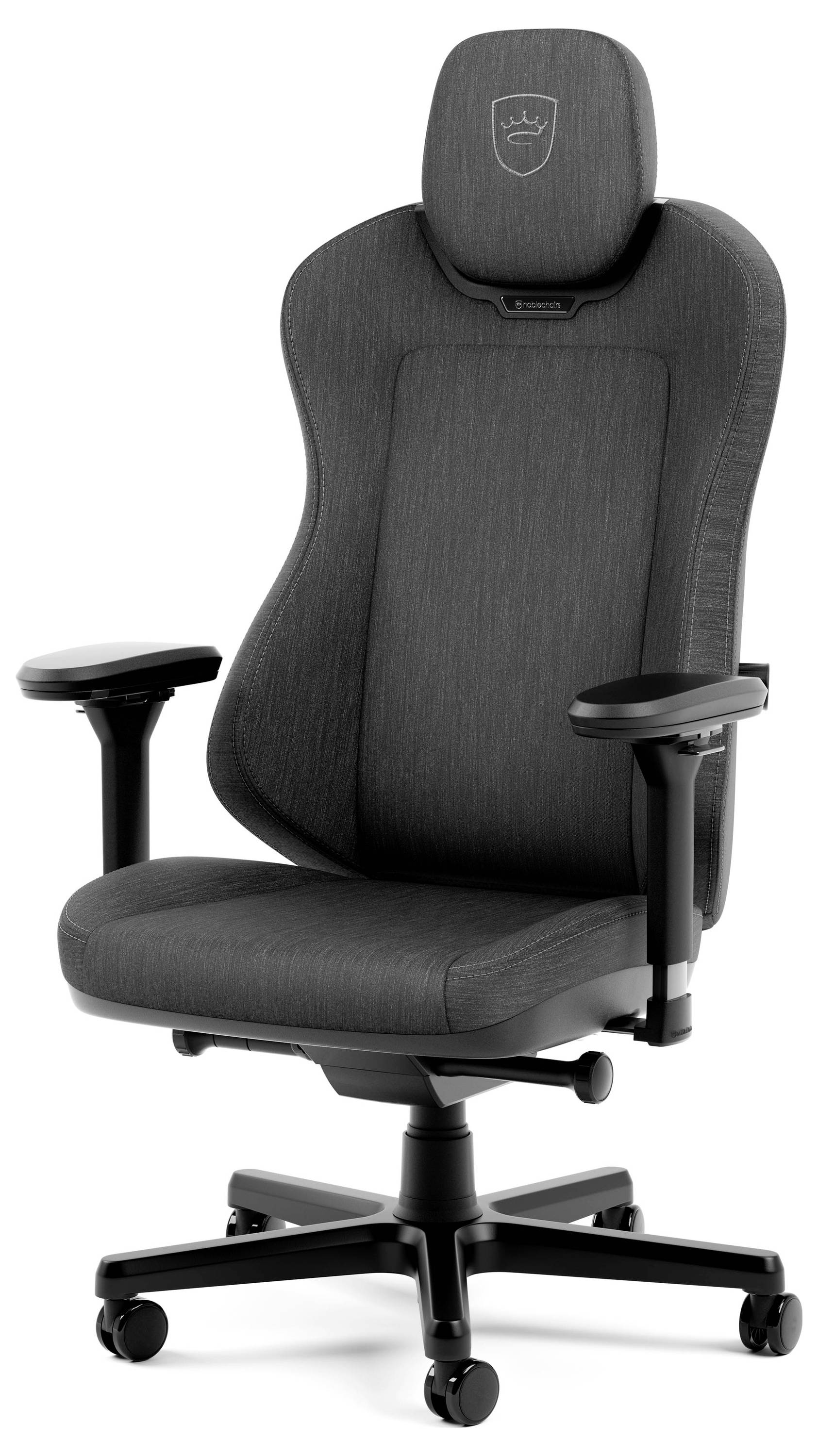 Dunkelgrauer ergonomischer Bürostuhl mit Kopfstütze, verstellbaren Armlehnen und fünfrädrigem Sockel auf weißem Hintergrund.