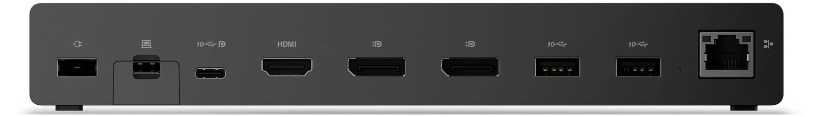 Rückansicht eines schwarzen Mediengeräts mit mehreren Anschlüssen, darunter HDMI und Ethernet, sowie mehreren USB- und Audioverbindungen.