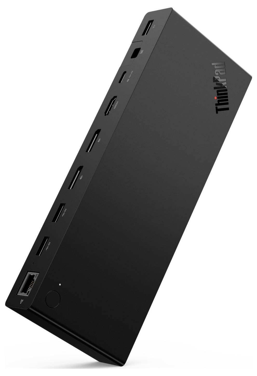 Schwarze ThinkPad-Dockingstation in Schrägansicht, mit mehreren seitlichen Anschlüssen und leuchtendem Logo auf weißem Hintergrund.