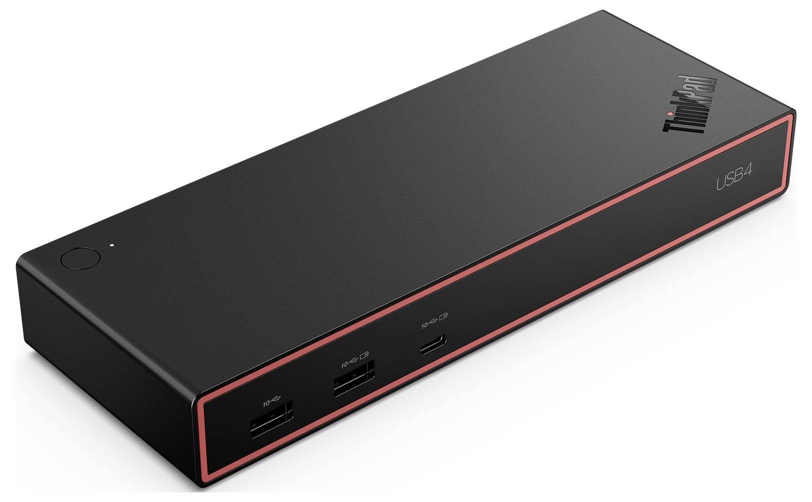 Schwarze rechteckige USB-4-Dockingstation mit rotem Akzent, mit mehreren vorderen Anschlüssen und einem runden Netzschalter oben links.
