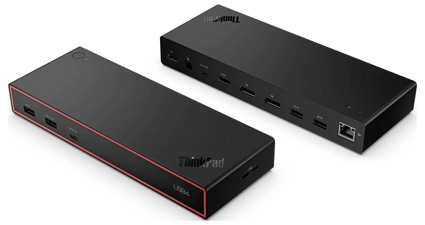 Zwei schwarze rechteckige Docking-Geräte gezeigt in angewinkelter Produktansicht, jedes mit mehreren vorderen Anschlüssen und einem ThinkPad-Logo, eines rot umrandet, um seine Kante hervorzuheben.