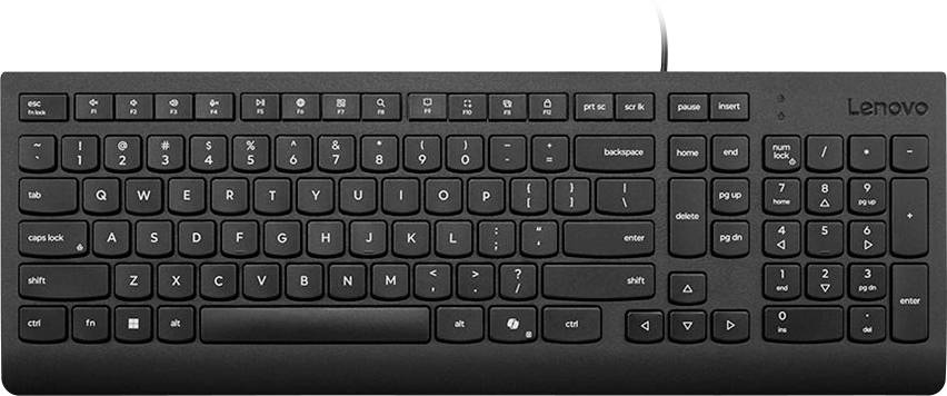Schwarze Lenovo-Tastatur mit vollständiger Größe, Zahlenfeld und Funktionstasten auf dunklem Hintergrund.