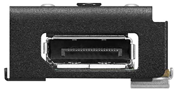 Nahaufnahme eines schwarzen rechteckigen elektronischen Steckers oder Anschlusses mit einem zentralen Schlitz und metallischen Befestigungszungen.