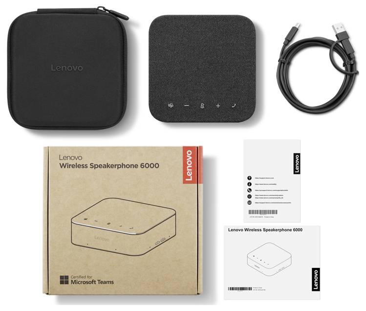 Lenovo Wireless Speakerphone 6000 Kit mit Tragetasche, Freisprechanlage, USB-Kabel, Verpackung und Bedienungsanleitungen auf weißem Hintergrund.