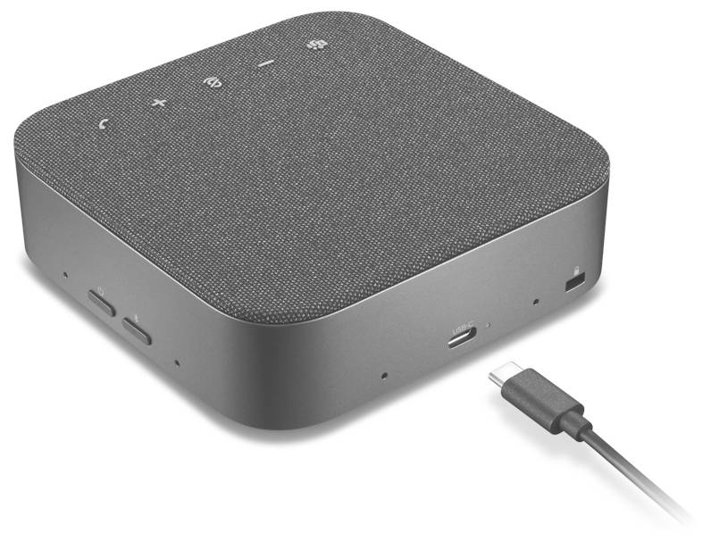 Kompakter grauer tragbarer Lautsprecher mit strukturierter Oberseite, Steuertasten und einem USB-C-Kabel daneben auf weißem Hintergrund.