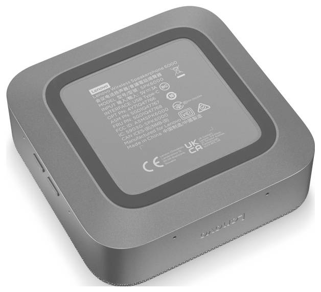 Lenovo quadratisches Dock- oder Hub-Gerät mit abgerundeten Kanten, von oben auf weißem Hintergrund gezeigt.