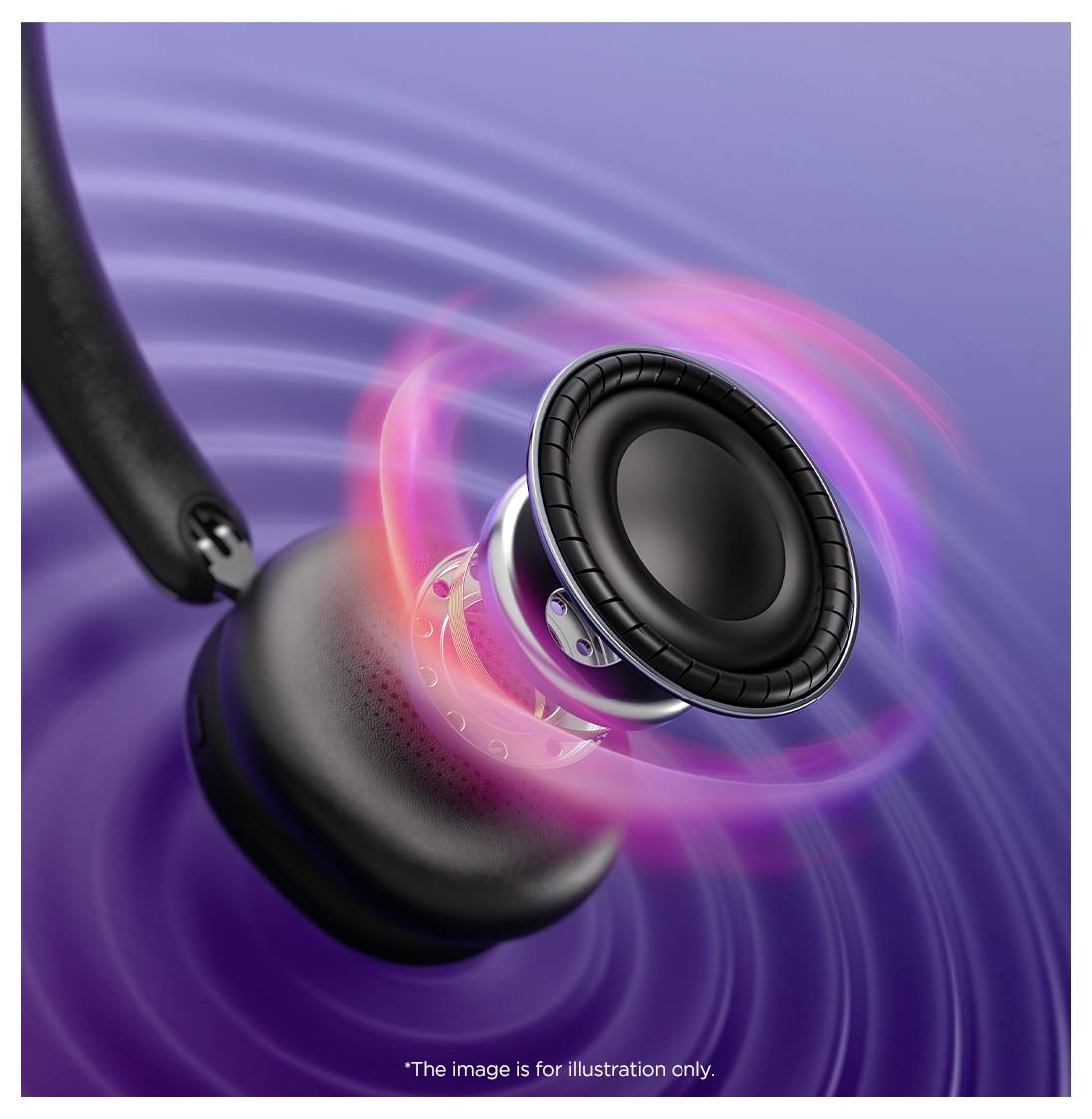 Nahaufnahme einer Illustration eines schwarzen Ohrhörer-Lautsprechers, der rosa Schallwellen über einem violetten Hintergrund aussendet und Audiowiedergabe andeutet.