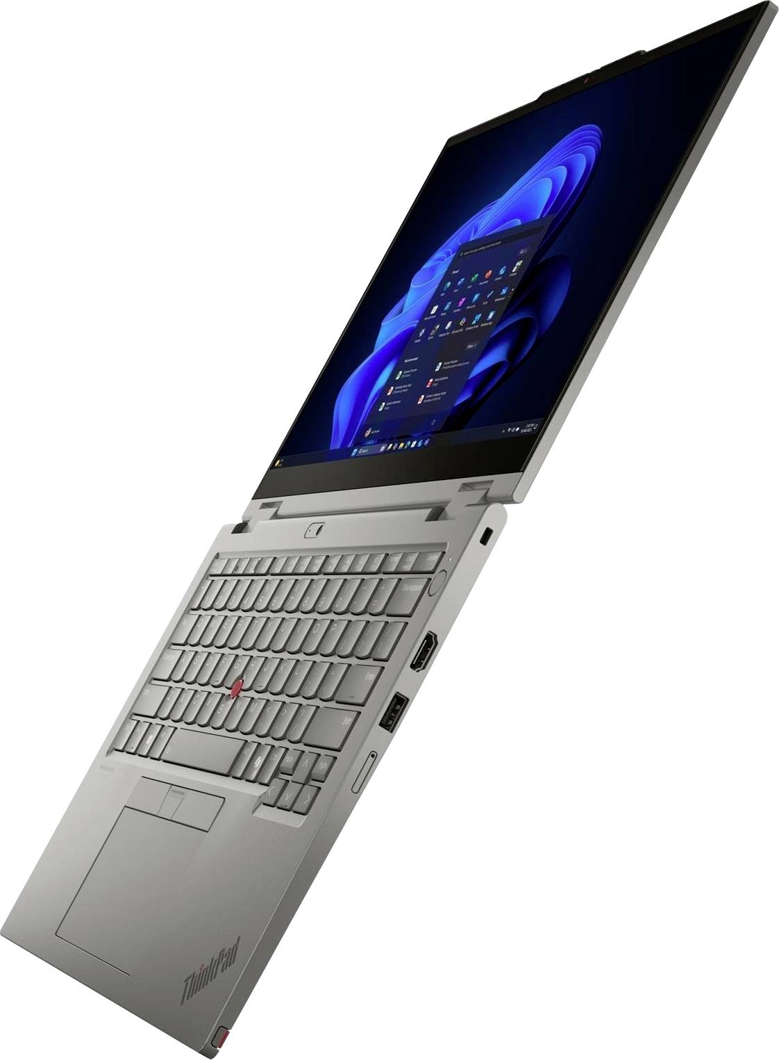 Silberner Lenovo ThinkPad-Laptop, aufgeklappt in einem Winkel dargestellt, mit Tastatur, Trackpad und Windows-Desktop auf dem Bildschirm.