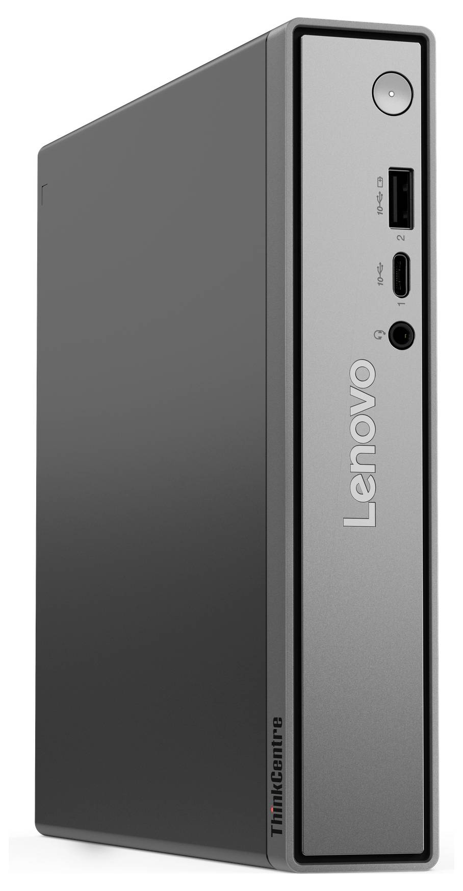 Frontansicht eines Lenovo ThinkCentre Desktop-Towers mit dem Stromschalter, USB-Anschluss, USB-C-Anschluss und Audiobuchse auf der Frontplatte.
