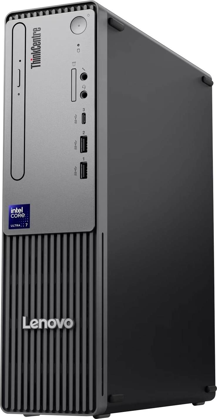 Lenovo ThinkCentre Desktop-Turm-Computer mit Stromschalter an der Vorderseite, USB-Anschlüssen, Audio-Buchsen und Intel Core-Abzeichen.