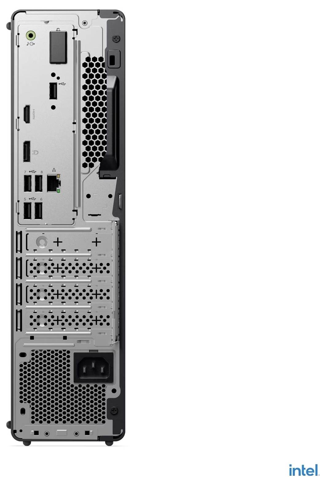 Rückansicht eines Desktop-Computer-Towers mit Belüftungsgittern, Anschlüssen, Erweiterungssteckplätzen, Netzteil und Griff; Intel-Logo in der Ecke.