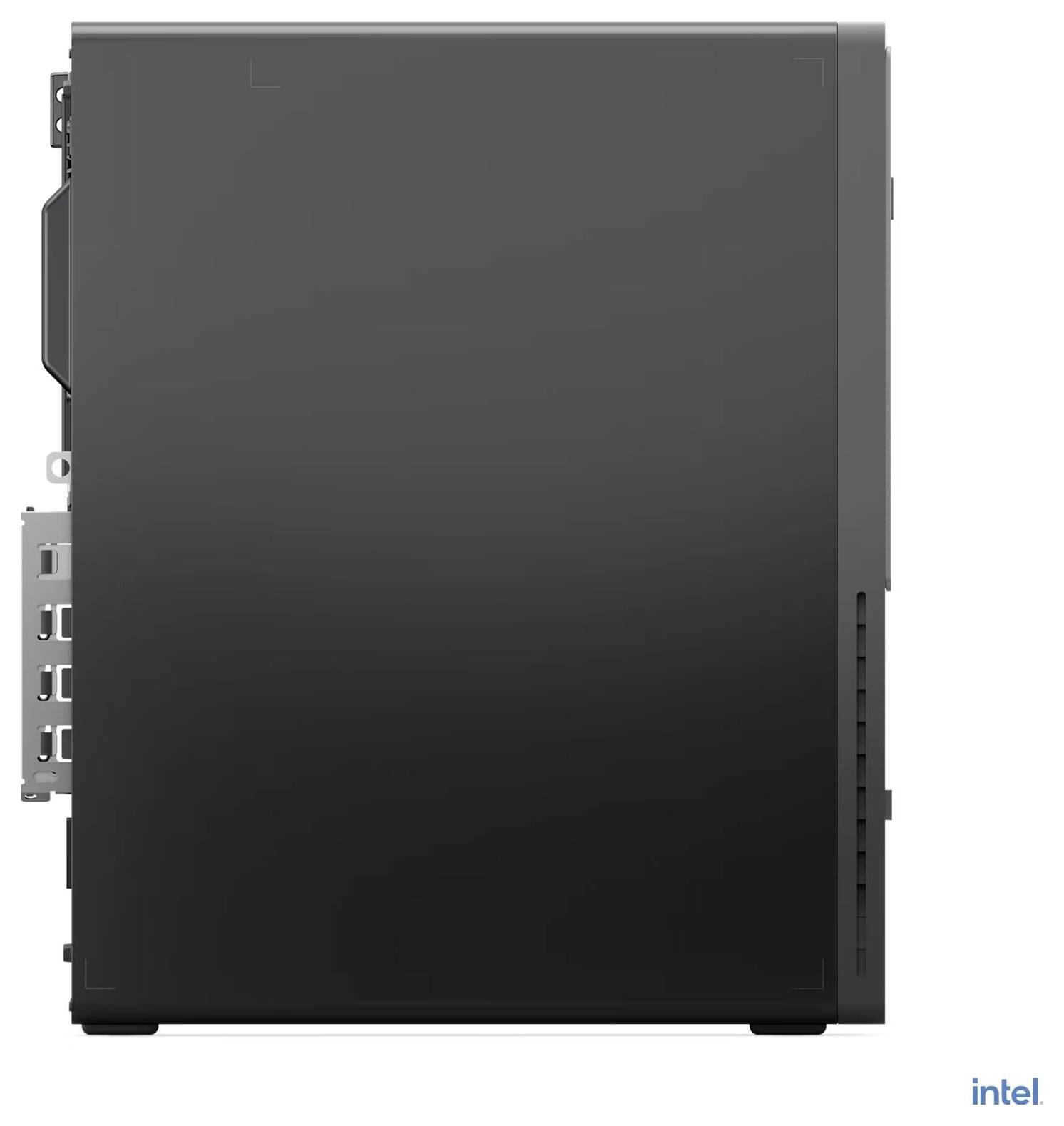 Vorderansicht eines schwarzen Intel-Computermoduls oder Mini-PCs mit Seitenports und Belüftung, dargestellt auf weißem Hintergrund.