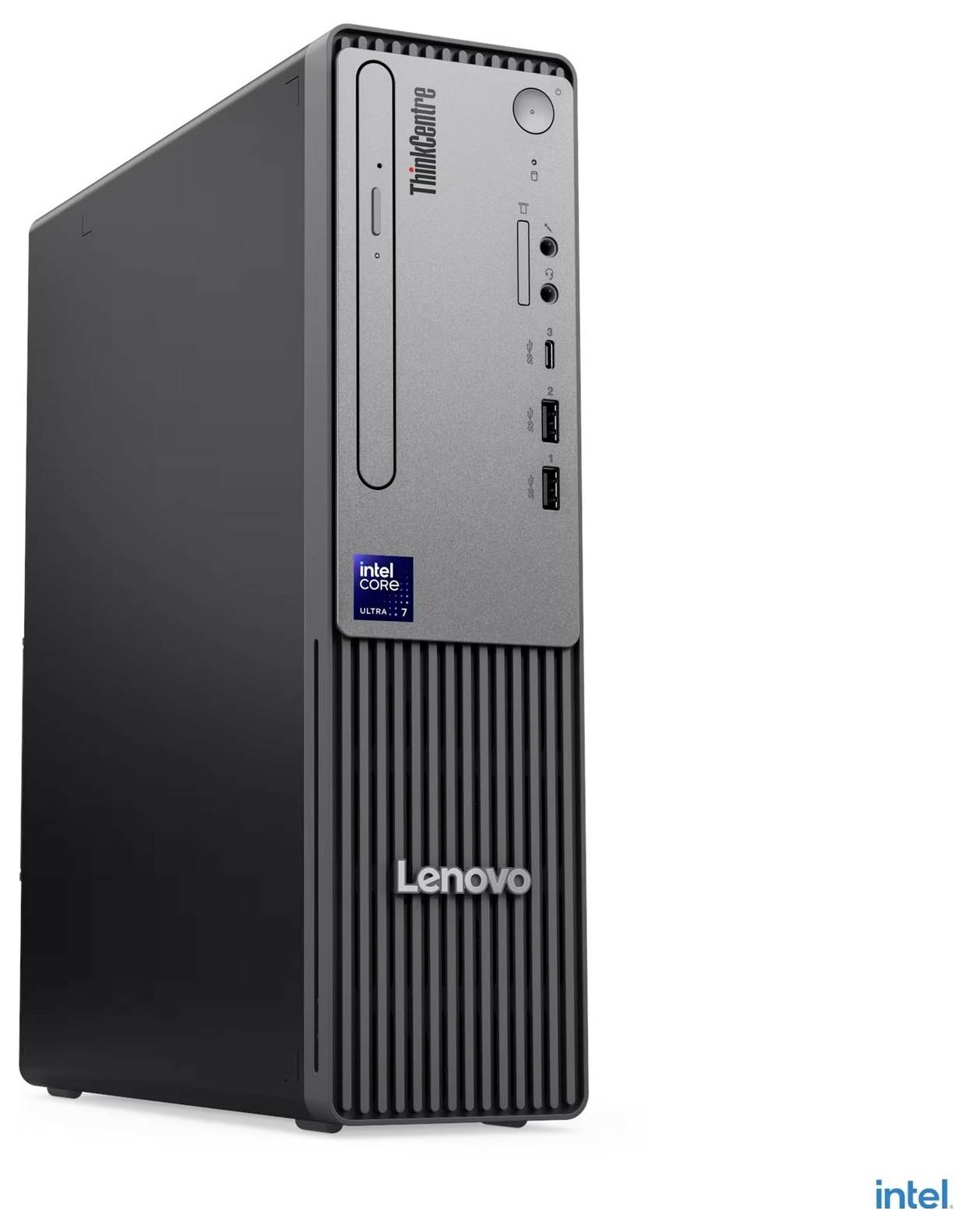 Lenovo ThinkCentre Desktop-Tower-Computer mit vorderen Anschlüssen und Intel Core 2 Aufkleber auf weißem Hintergrund.