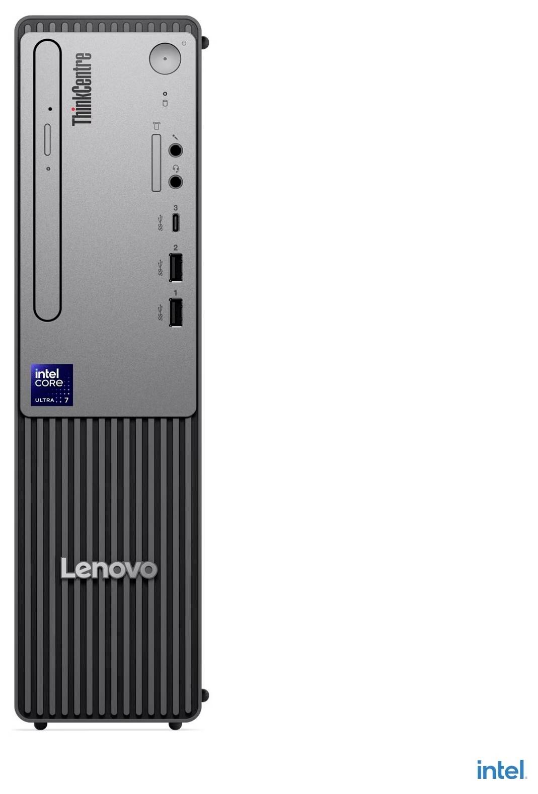 Frontansicht eines Lenovo ThinkCentre-Desktoptowers mit Intel Core i7-Badge, zeigt die Anschlüsse der Vorderseite und den Netzschalter.