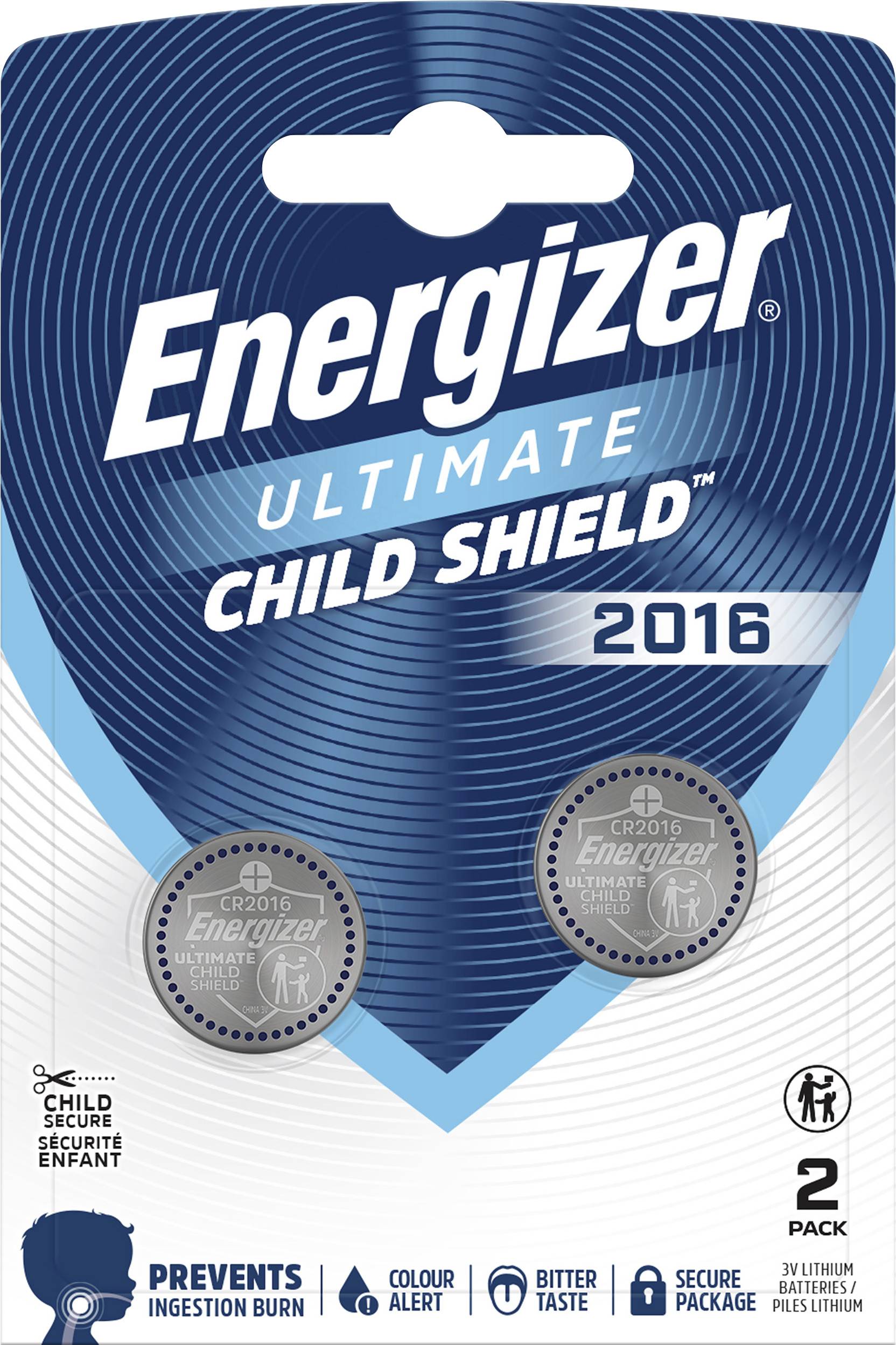 Energizer Ultimate Child Shield 2016 Batterie-Paket, 2er-Pack CR2016 3V Lithium-Knopfzellen mit Sicherheitsmerkmalen und kindergesichertem Design.