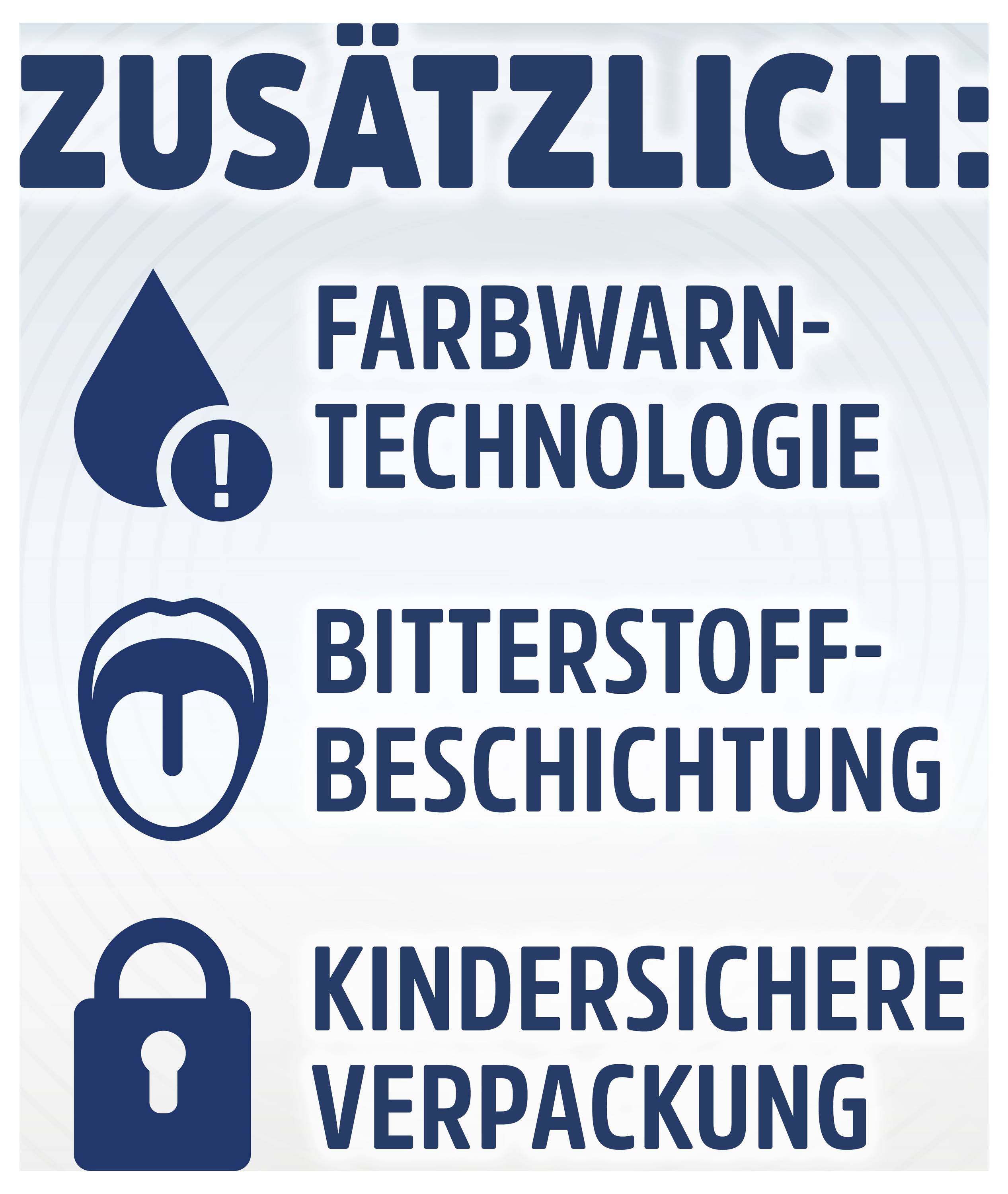 Deutsches Produktetikett mit Extras: Farbwarn-Technologie, Bittergeschmack-Beschichtung und kindersichere Verpackung mit entsprechenden Symbolen.