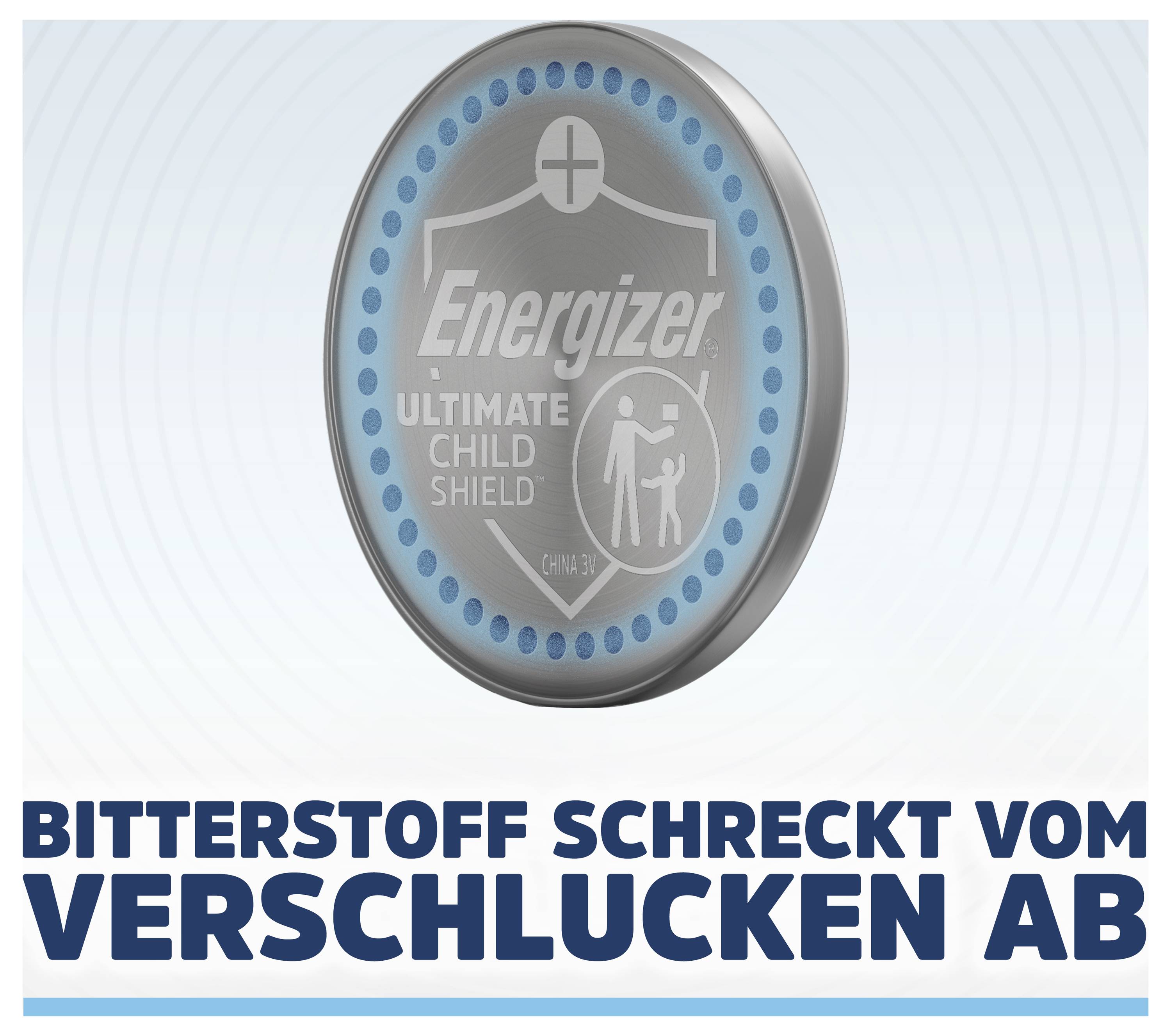 Energizer Ultimate Child Shield Batterie mit deutscher Warntext: „Bitterstoff schreckt vom Verschlucken ab