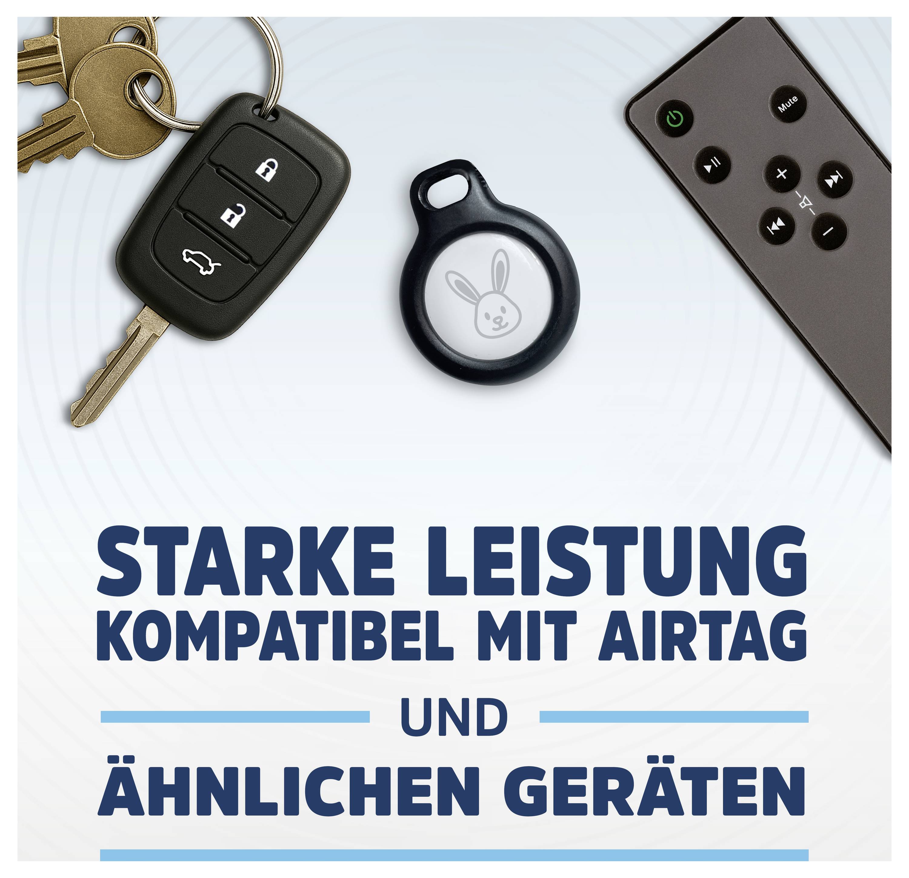 Werbe-Grafik mit Schlüsseln, einem Autoschlüssel-Anhänger, einem AirTag-ähnlichen Tracker und einer Fernbedienung; der Text besagt „starke Leistung, kompatibel mit AirTag und ähnlichen Geräten