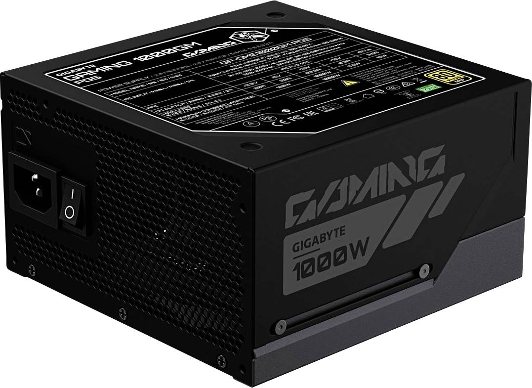 Schwarzes GIGABYTE 1000W Gaming-Netzteil mit Schalter und belüftetem Seitenpanel, auf weißem Hintergrund dargestellt.