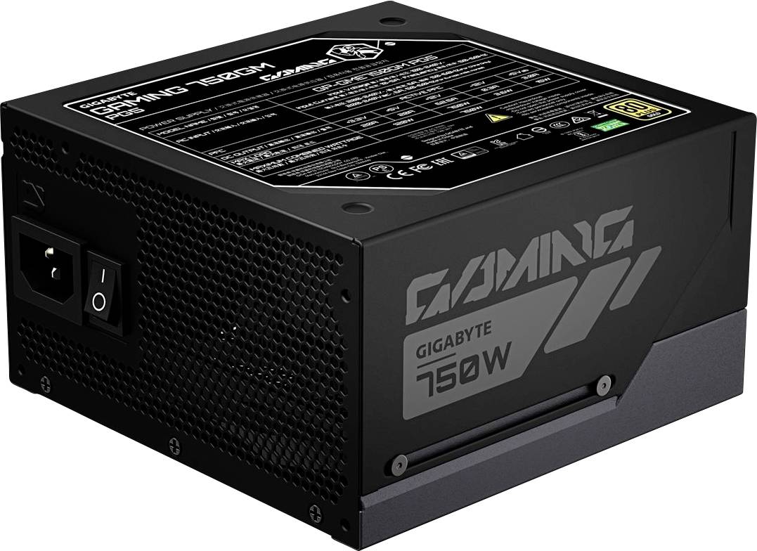Schwarzes Gigabyte-Gaming-Netzteil mit der Bezeichnung „GAMING 750W