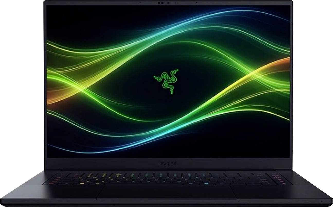 Schwarzer Razer-Laptop mit leuchtendem grünem Logo und neongrün-gelber Wellen-Wallpaper auf dem Bildschirm