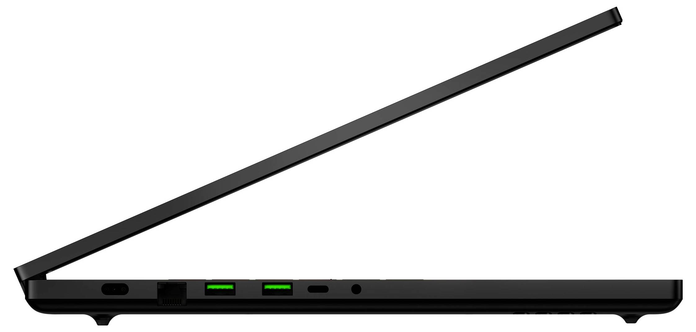 Seitenansicht eines geschlossenen schwarzen Laptops mit teilweise geöffnetem Deckel, der Anschlüsse und Statusleuchten an der Basis zeigt.