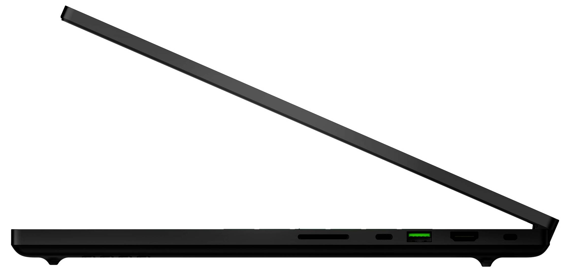 Seitenansicht eines dünnen schwarzen Laptops, teilweise geöffnet, zeigt die Tastaturbasis und seitliche Anschlüsse mit einer grünen Anzeigelampe.