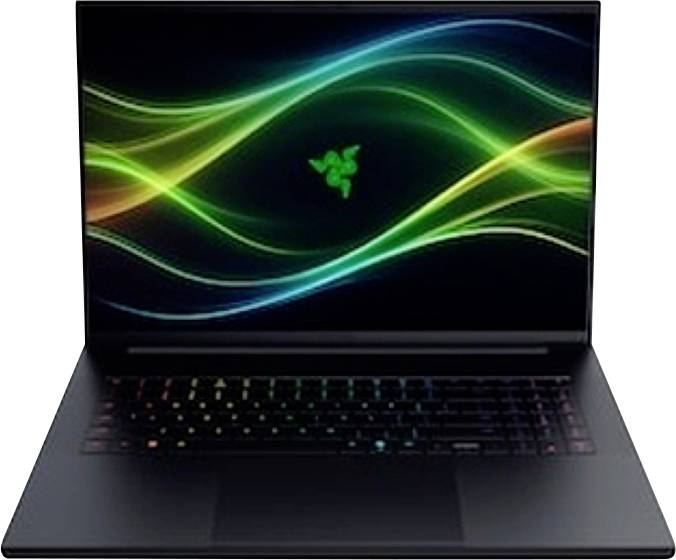 Offener Laptop-Computer mit Razer-Logo auf dem Bildschirm und grünen, blauen und gelben Wellengrafiken