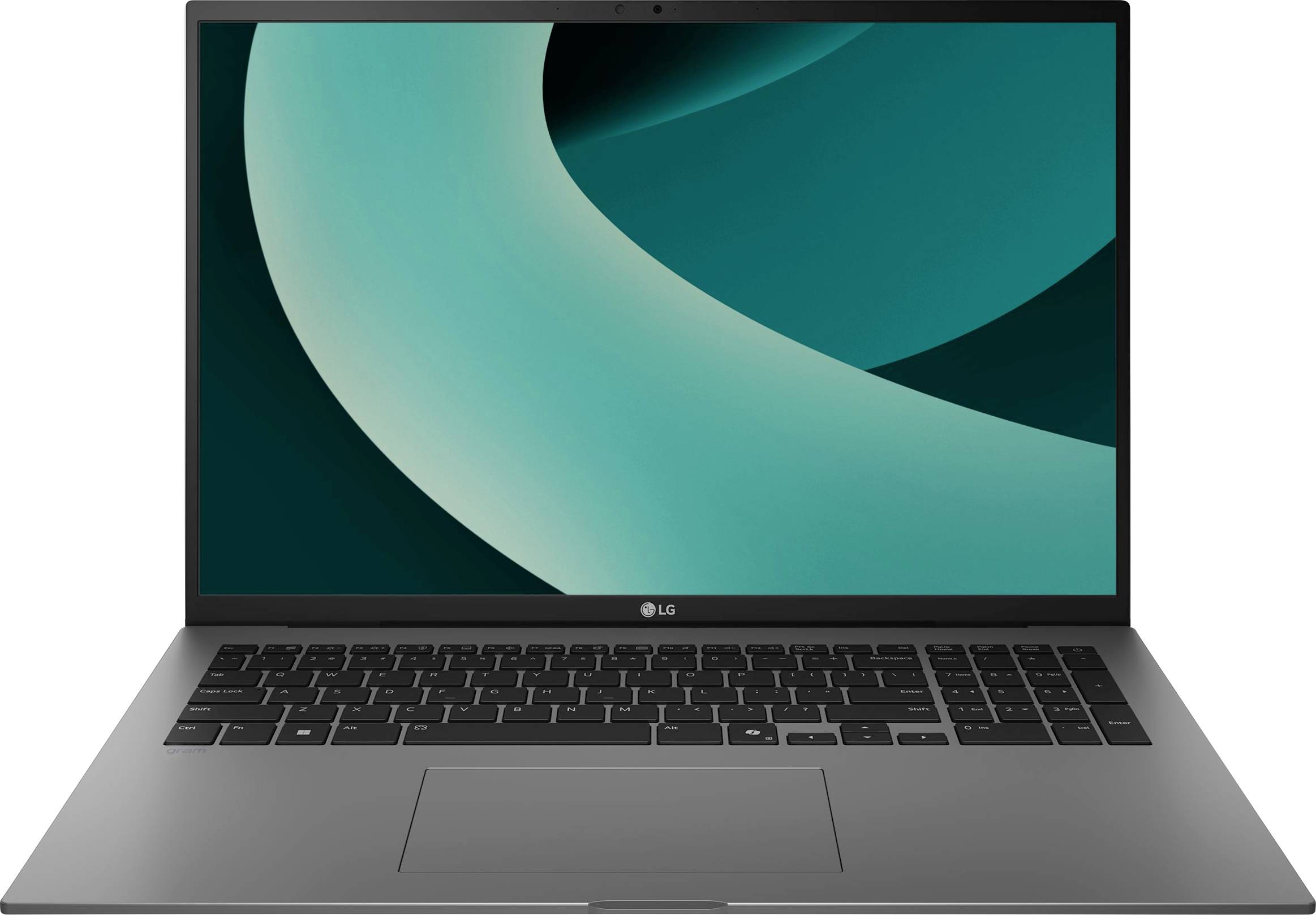 Vorderansicht eines offenen LG-Laptops mit einer abstrakten türkisfarbenen Tapete auf dem Bildschirm.