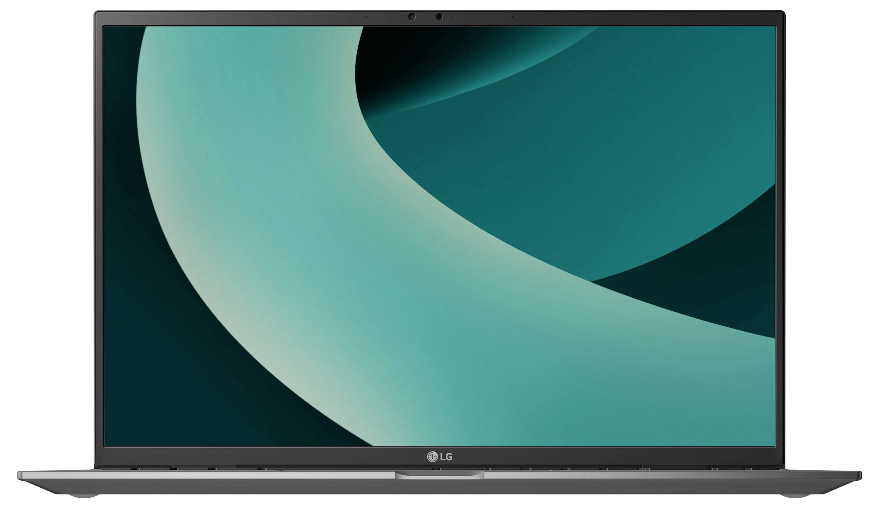 Vorderansicht eines LG-Laptops mit einer türkisfarbenen abstrakten Tapete auf dem Bildschirm, geschlossen angezeigt? Nein, offen auf einem einfachen weißen Hintergrund.
