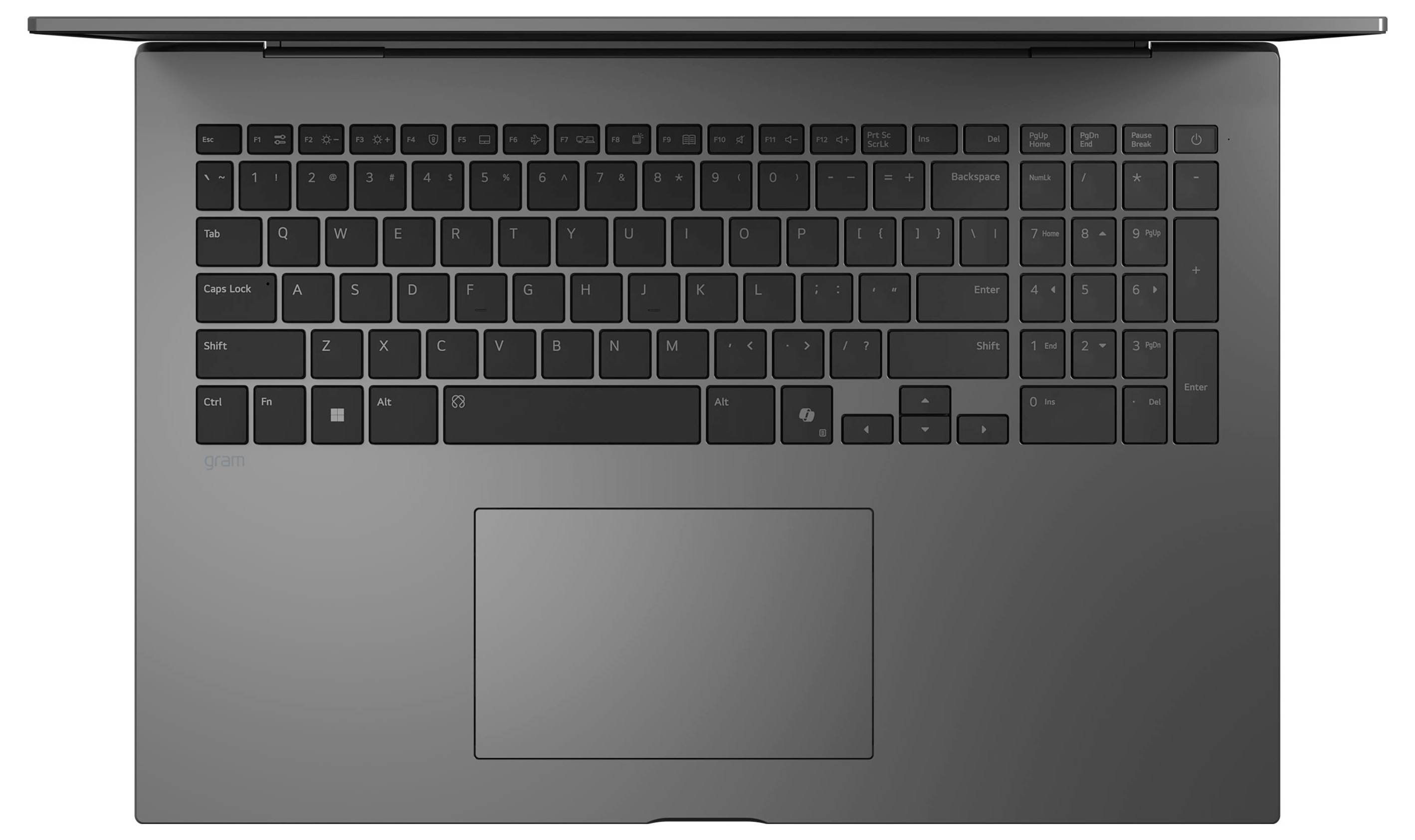 Draufsicht auf eine dunkelgraue Laptop-Tastatur und ein großes, zentriert angebrachtes Trackpad auf weißem Hintergrund.