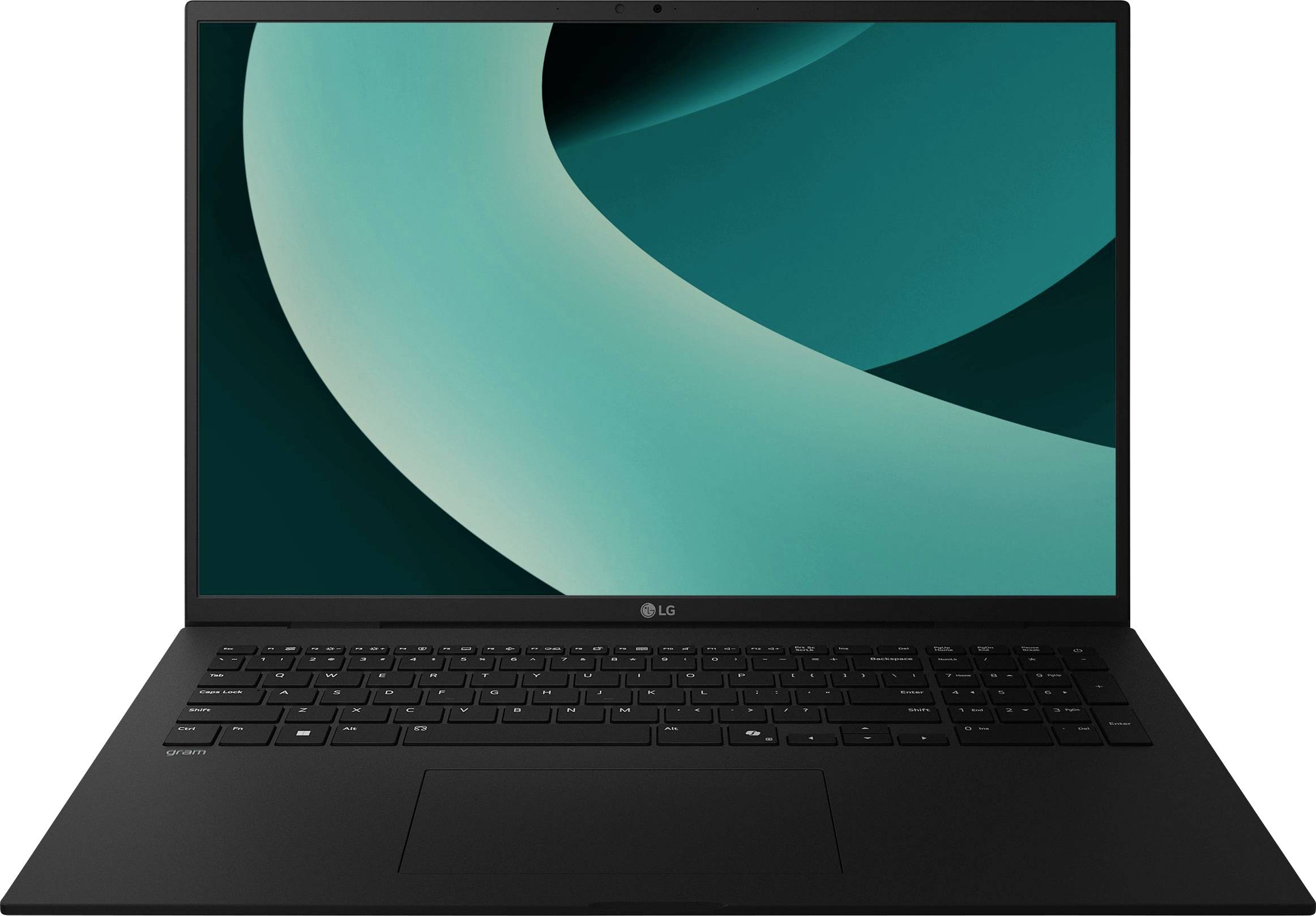 Offener schwarzer LG-Laptop mit einer türkisfarbenen abstrakten Tapete auf dem Bildschirm, Vorderansicht vor weißem Hintergrund.