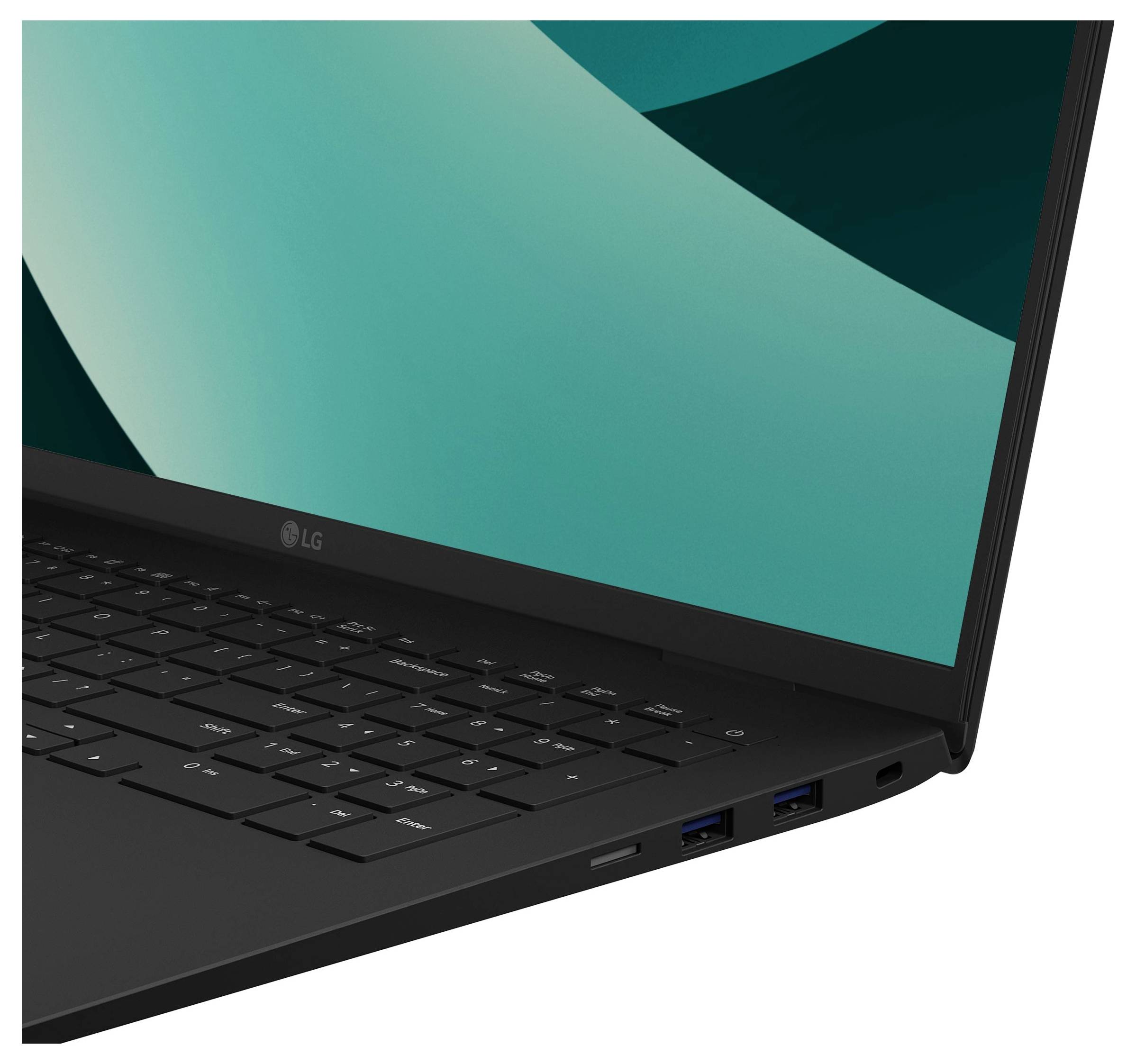 Nahaufnahme eines LG-Laptops mit Tastatur, Bildschirmecke und Seiteanschlüssen auf einem schwarzen Gehäuse.