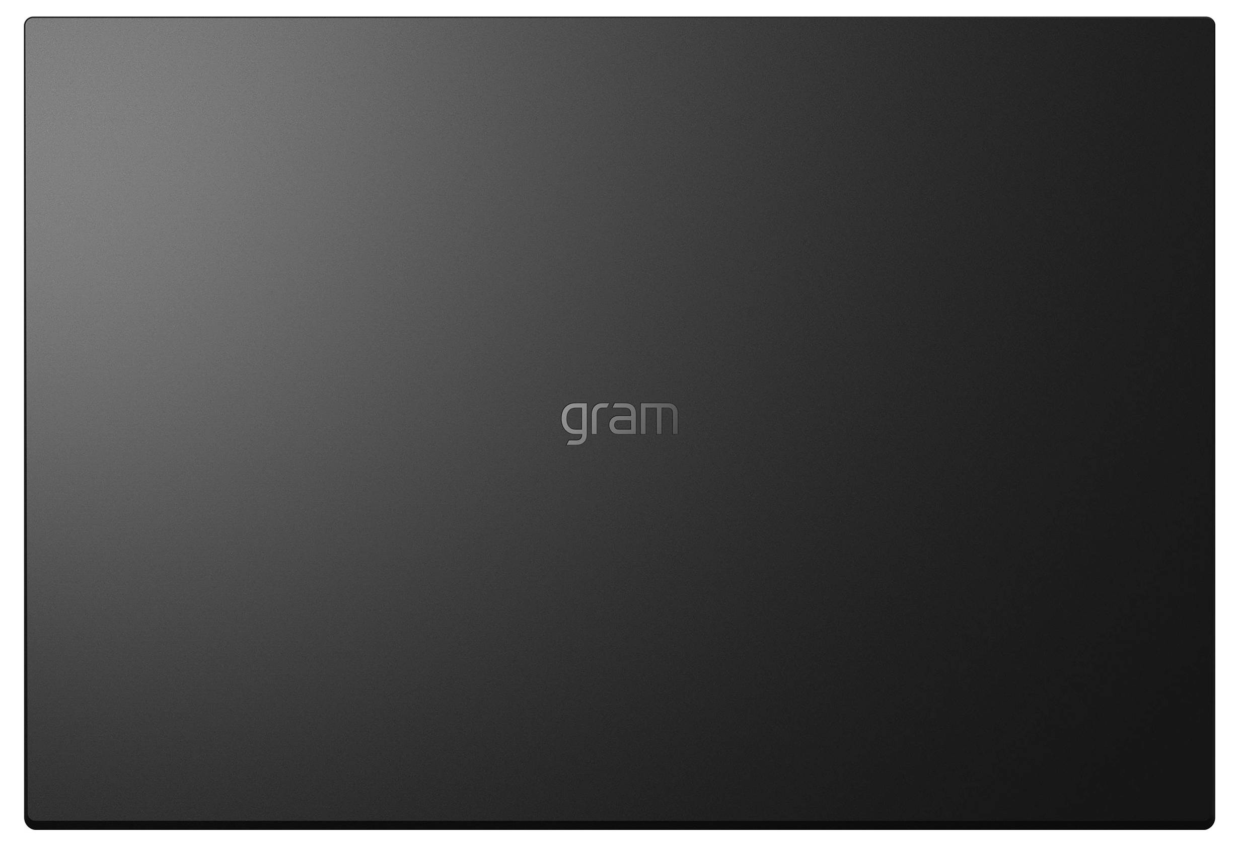 Geschlossener dunkelgrauer LG gram Laptop mit zentriertem 'gram'-Logo auf der Oberseite.