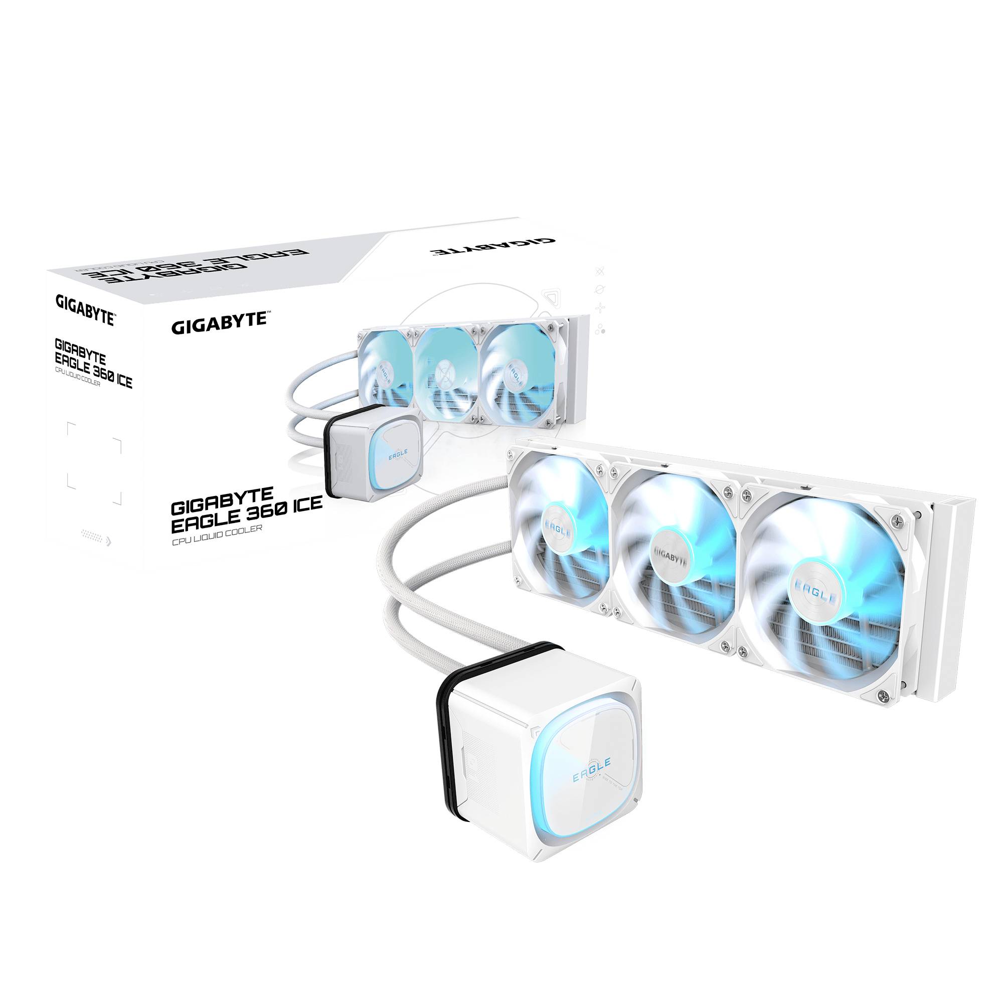 GIGABYTE EAGLE 360 ICE Flüssigkeits-CPU-Kühler mit RGB-Triple-Fan-Radiator, Pumpe, Schlauchleitung und Einzelhandelsverpackung auf weißem Hintergrund.