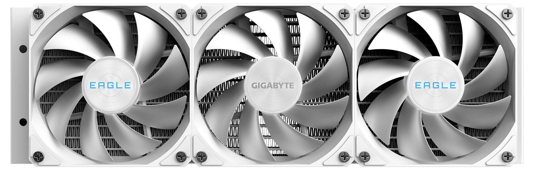 Drei weiße Gigabyte Eagle-Grafikkartenlüfter nebeneinander angeordnet, wobei der mittlere Lüfter mit „GIGABYTE