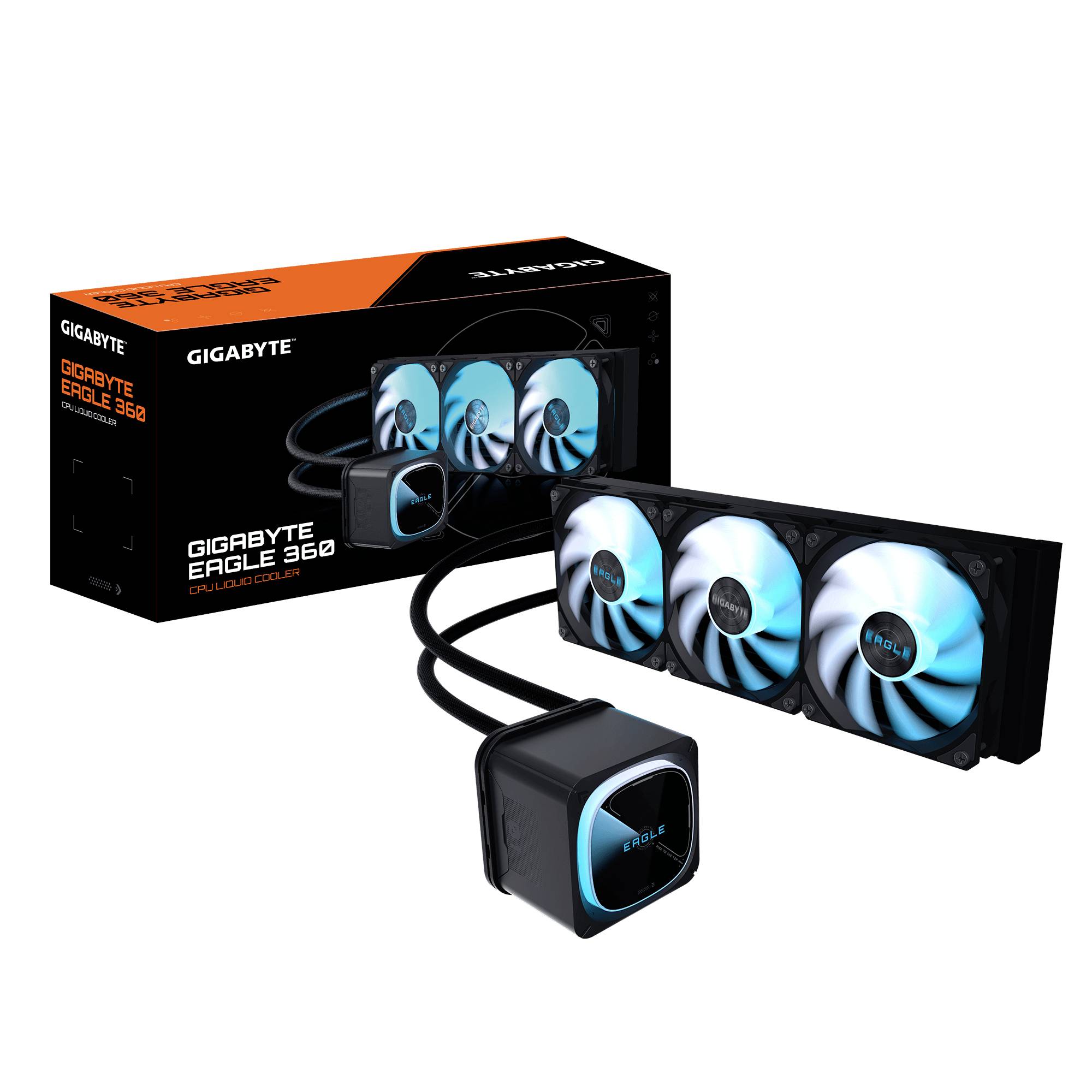 Produktbild eines GIGABYTE EAGLE 360 Flüssig-CPU-Kühlers, der einen Triple-Fan-Radiator, einen Pumpenblock und eine Einzelhandelsverpackung auf weißem Hintergrund zeigt.
