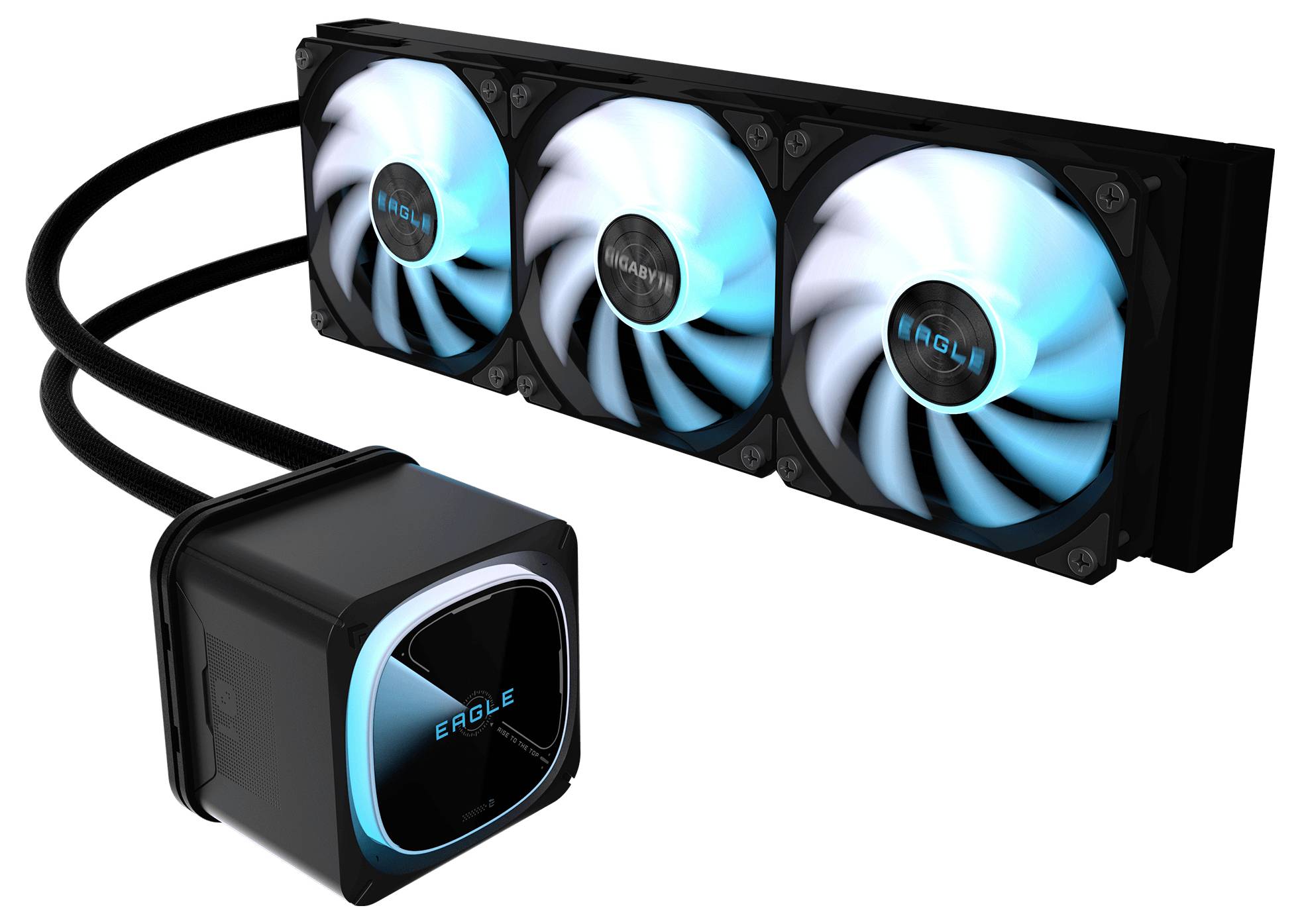 Flüssigkeits-CPU-Kühler mit drei Lüftern, schwarzem Radiator, blau beleuchteten Lüftern und quadratischer Pumpeneinheit, die durch Schläuche verbunden sind, auf weißem Hintergrund.