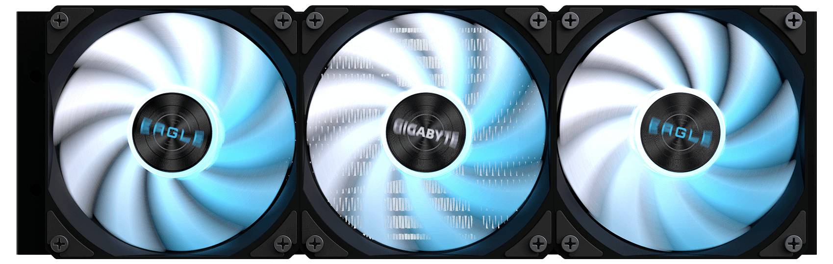 Drei blaubeleuchtete Computerkühler-Lüfter in einer Reihe, wobei der mittlere Lüfter mit „GIGABYTE