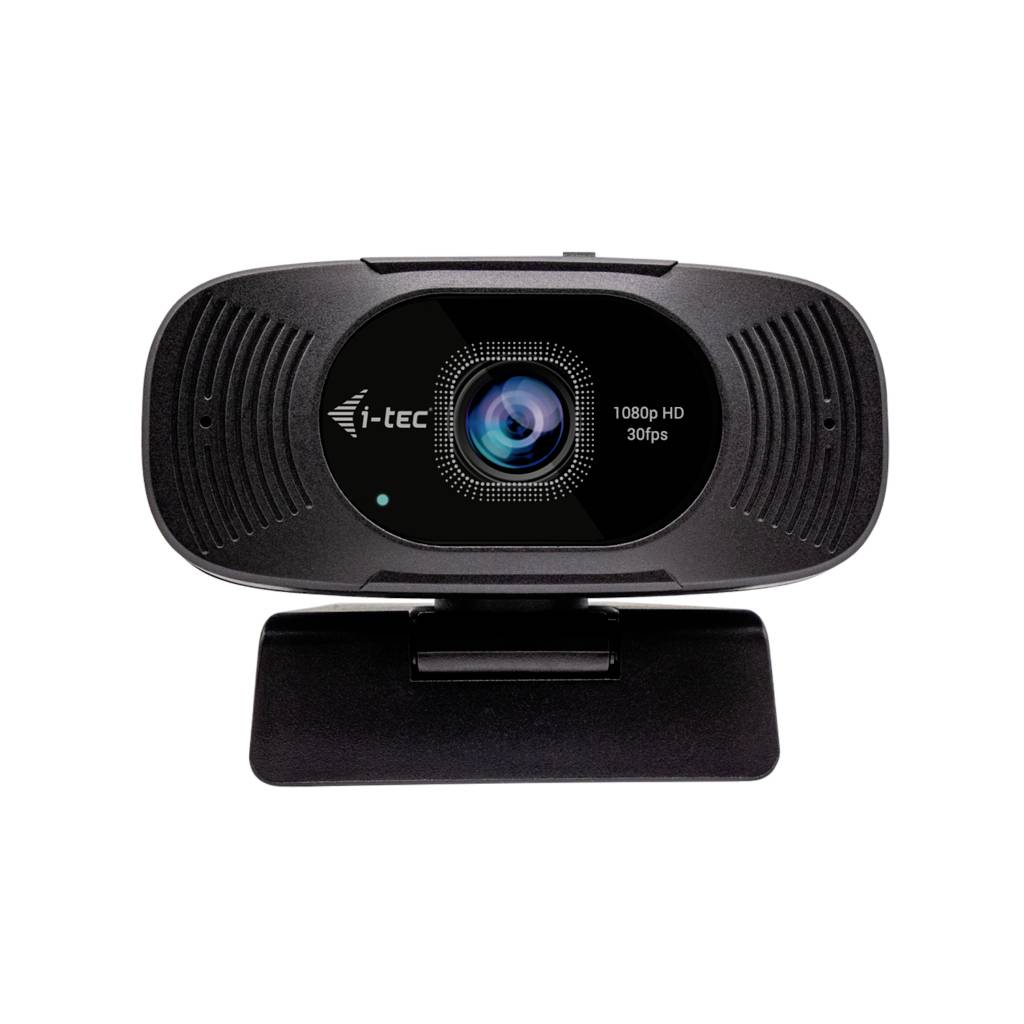 Schwarze i-tec Webcam mit zentrierter Linse auf einem Ständer, beschriftet mit 1080p HD 30fps, auf weißem Hintergrund dargestellt.