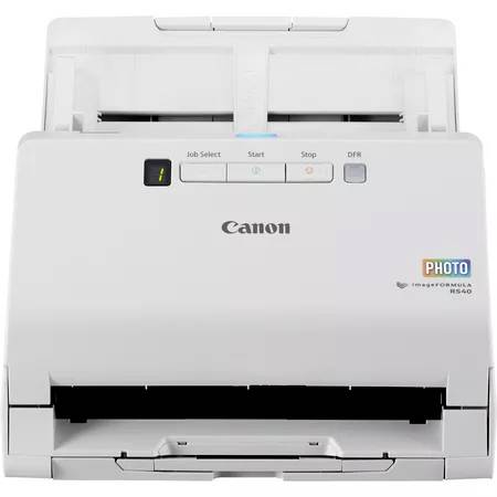 Vorderansicht eines Canon-Dokumentenscanners mit Papierzuführung, Steuertasten und sichtbarem vorderen Ausgabefach.
