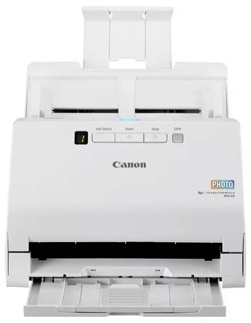 Vorderansicht eines Canon-Dokumentscanners für den Schreibtisch mit Papiereinzug, Steuertasten und geöffnetem Ausgabefach.