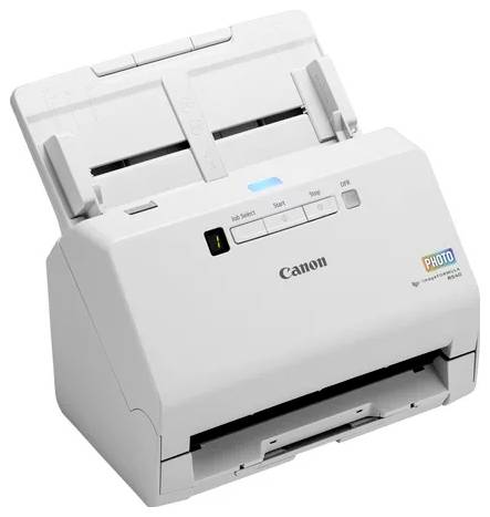 Weißer Canon-Dokumentenscanner mit Papiereinzugsschacht und Bedienungstasten, in Schrägansicht auf neutralem Hintergrund gezeigt.