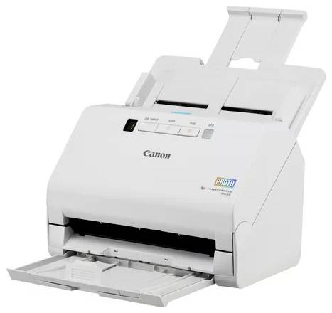 Weißer Canon-Desktop-Dokumentscanner mit offener Zuführungsablage und Ausgabeschacht, gezeigt vor neutralem Hintergrund.