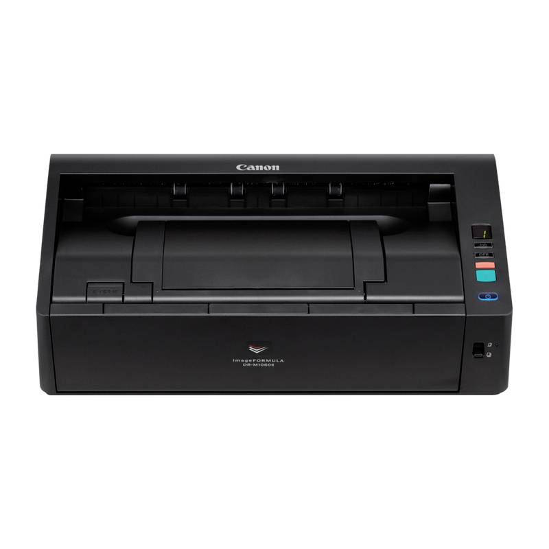 Schwarzer Canon-Schreibtischdrucker in Vorderansicht auf weißem Hintergrund, mit Papierzufuhrschlitz und Steuerungstasten auf der rechten Seite.